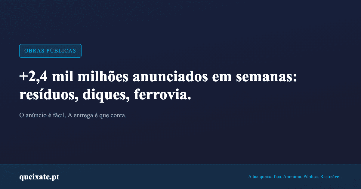Mais de 2,4 mil milhões anunciados em poucas semanas: resíduos, diques e ferrovia.