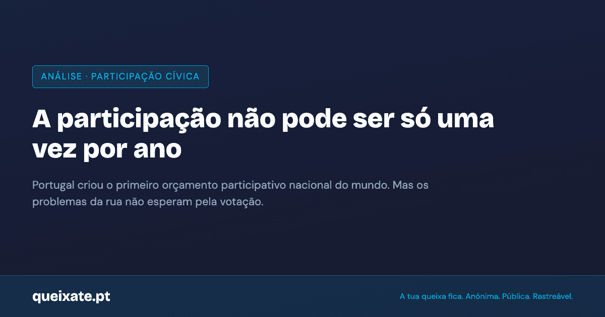 A participação não pode ser só uma vez por ano. Portugal criou o primeiro orçamento participativo nacional do mundo, mas os problemas da rua não esperam pela votação.